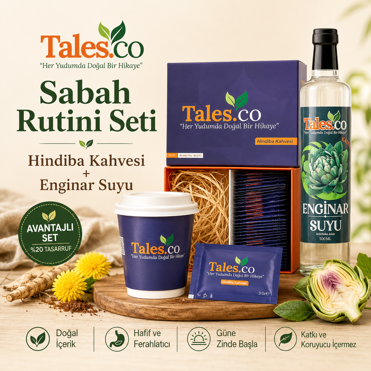 Sabah Rutini Seti – Hindiba Kahvesi + Enginar Suyu
