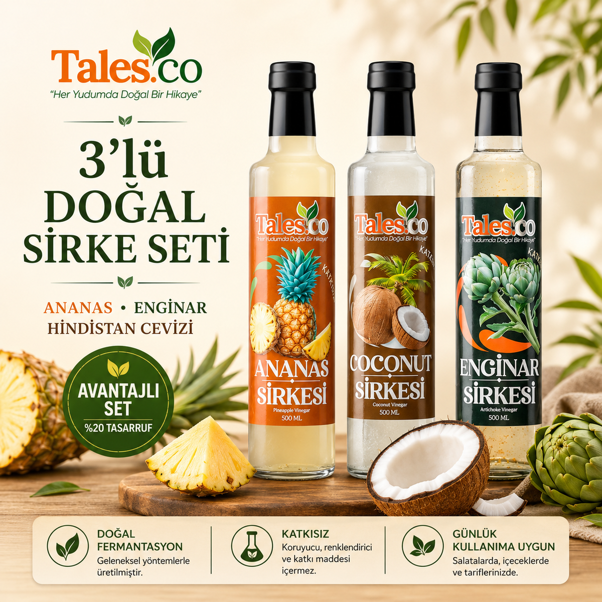 3'lü Doğal Sirke Seti – Ananas, Enginar, Hindistan Cevizi