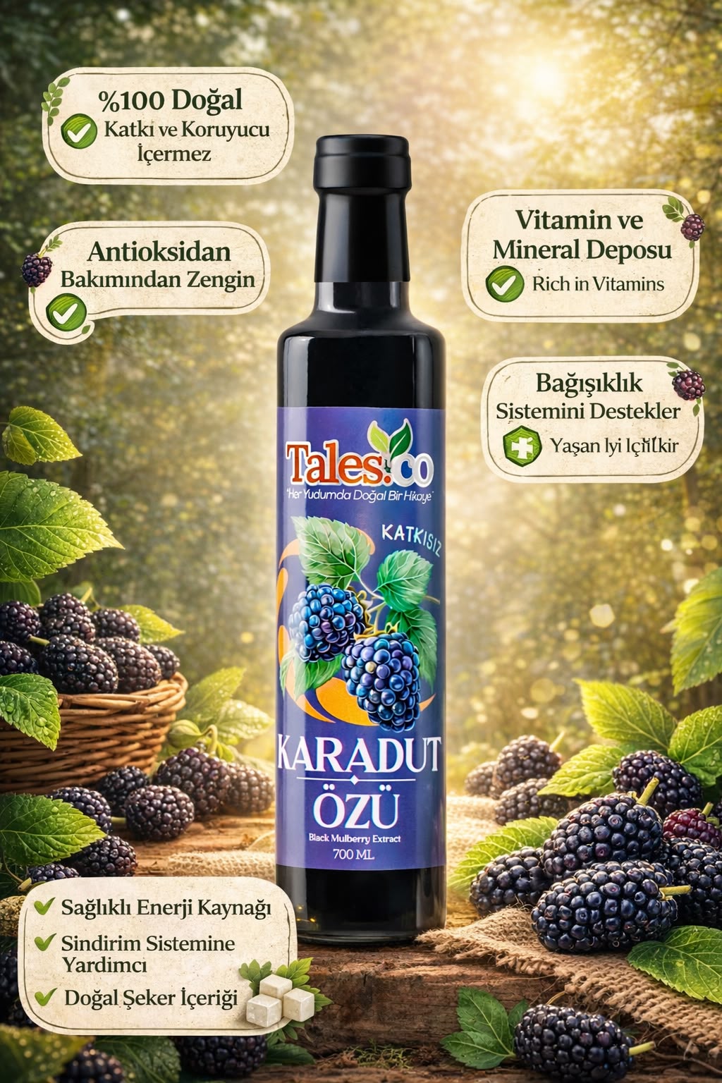 Doğal Karadut Özü 700 ml – Soğuk Sıkım, Katkısız ve Şeker İlavesiz