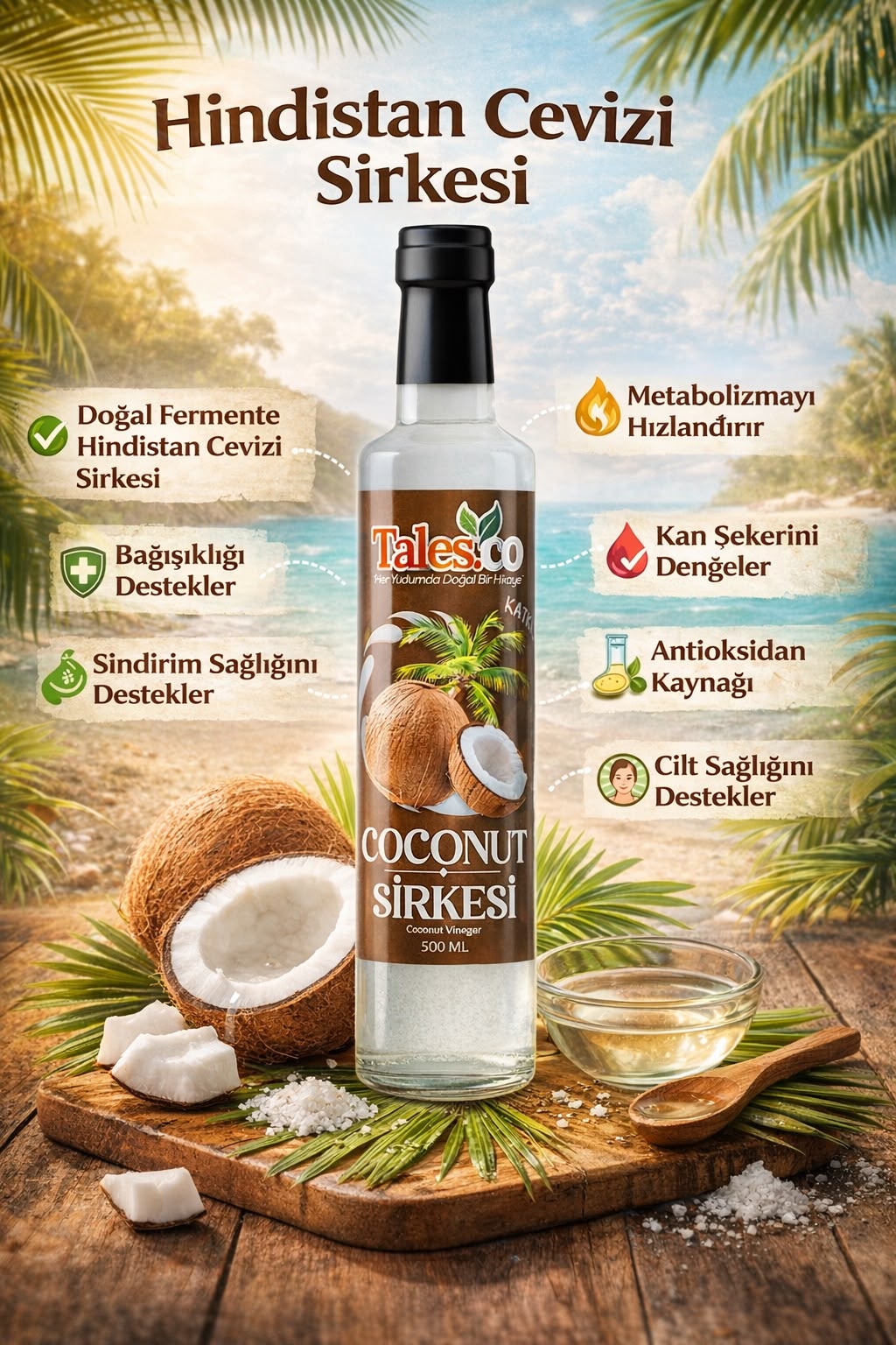 Doğal Fermantasyon Hindistan Cevizi (Coconut) Sirkesi 500 ml – Filtresiz ve Katkısız
